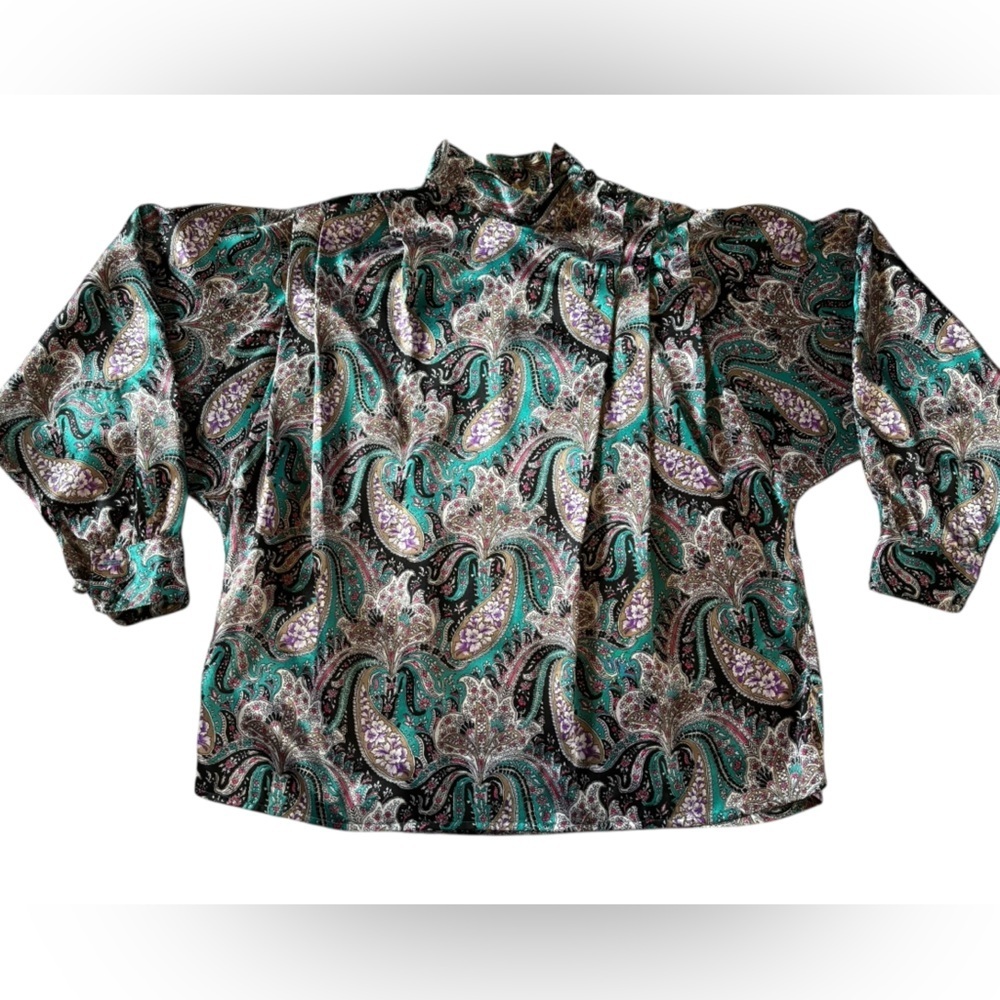 Vintage Tess Paris-Milan Paisley Blouse Teal Purple Boho Button Up Large